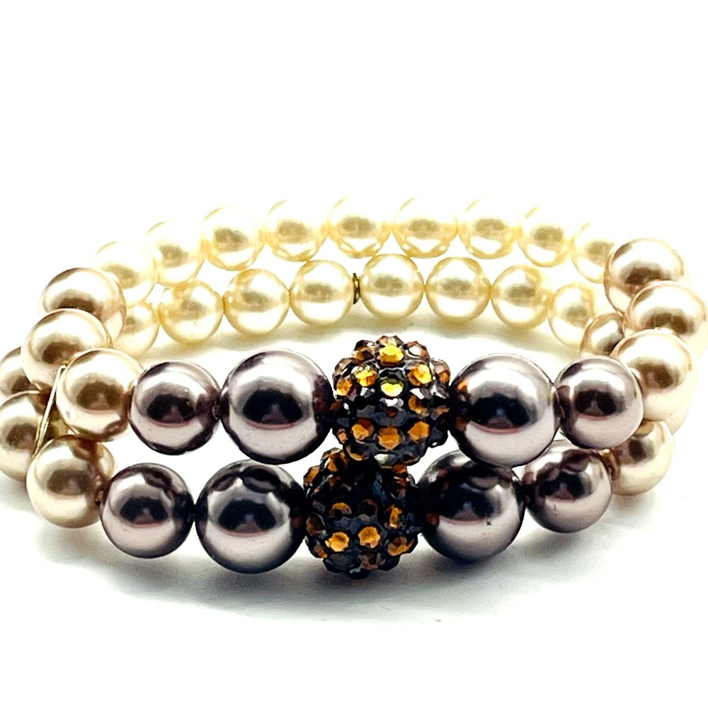 Signed Roman Two Tone Stretch Bracelet Gold Silver Tone Pave Rhinestone Beads